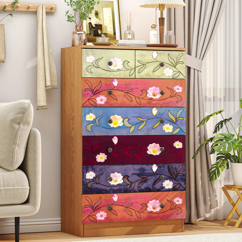 Ktaxon Wood 6-Drawer Dresser Organizer for Bedroom Storage Tower for Entryway Hallway Closet, Tall Chest Organizer Unit with Wood Bins, Floral Painted Wooden