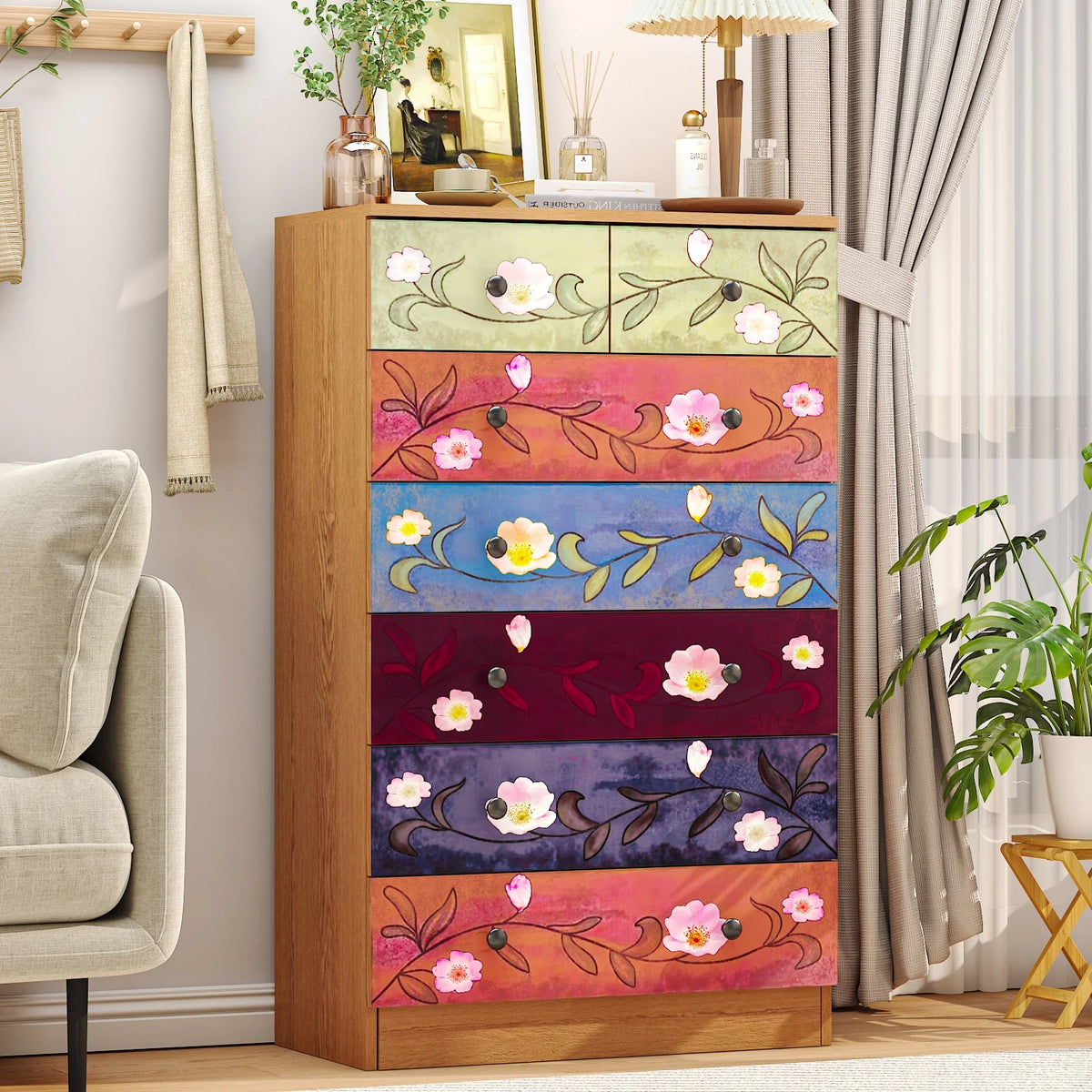 Ktaxon Wood 6-Drawer Dresser Organizer for Bedroom Storage Tower for Entryway Hallway Closet, Tall Chest Organizer Unit with Wood Bins, Floral Painted Wooden