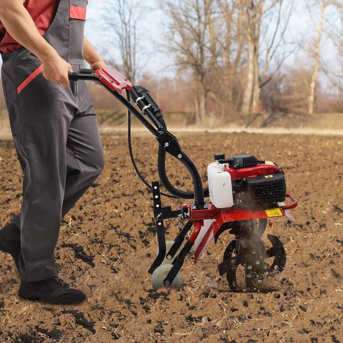 63cc Air-Cooled Gas Power Garden Tiller Cultivator Equipment 4-Stroke Portable Gas Tiller Yard Plant Farm Tilling Tool 1600W 9000RPM