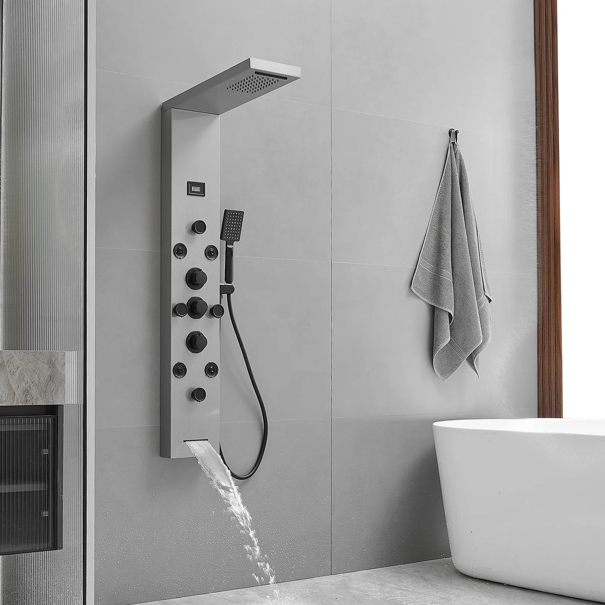 8-Jet Rainfall Shower Panel System with Rainfall Waterfall Shower Head and Shower Wand in chrome Nickel