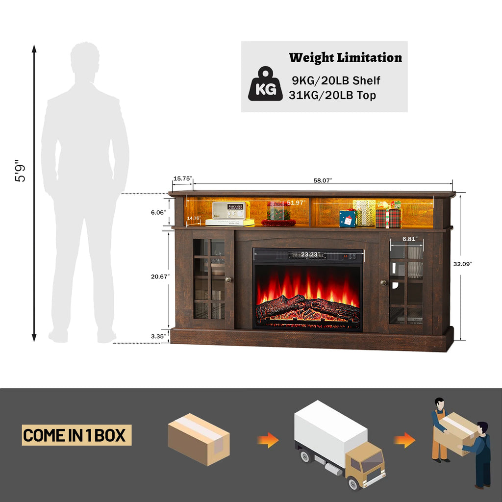 SESSLIFE Fireplace TV Stand for 65 Inch TV, TV Console with 23''Electric Fireplace, Console Entertainment Center Television Table for Living Room or Bedroom, Brown