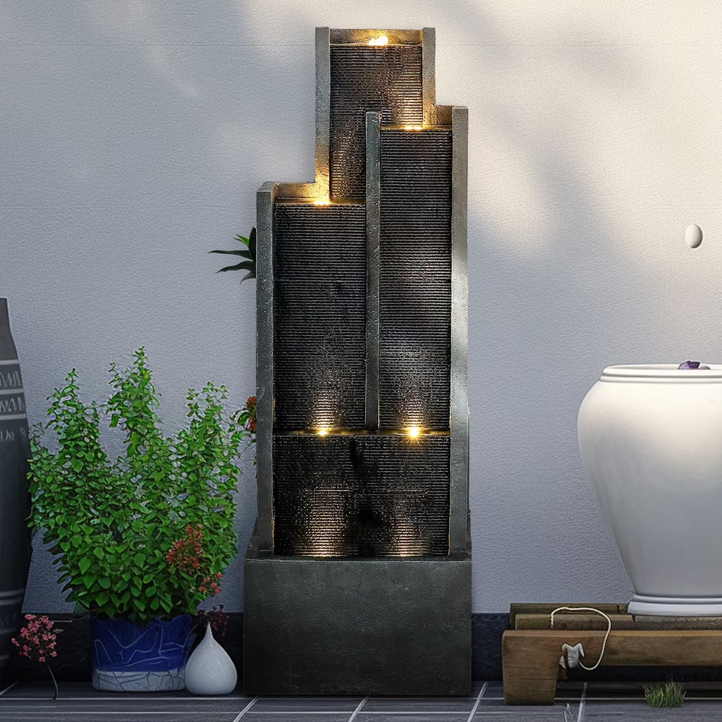4-Tier Water Fountain with LED Lights  - 50.7" H Waterfall Fountain Indoor Outdoor Water Feature for Home, Patio, Garden