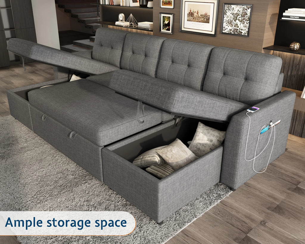 VANACC Sectional Sofa Bed with Storage and Soft Seat ,Reversible Pull Out Couch for Living Room,Beige