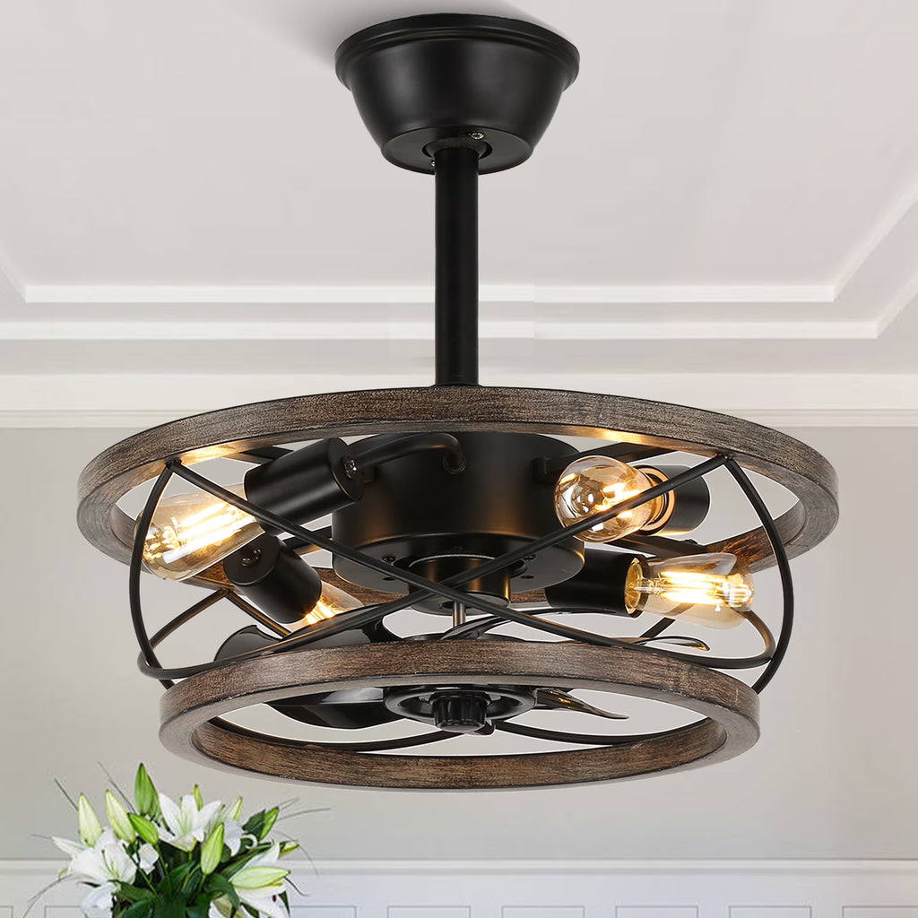 18" Rustic Wood Caged Ceiling Fan with Light and Remote Control, Farmhouse 3-Speed Reversible Flush Mount Ceiling Fan