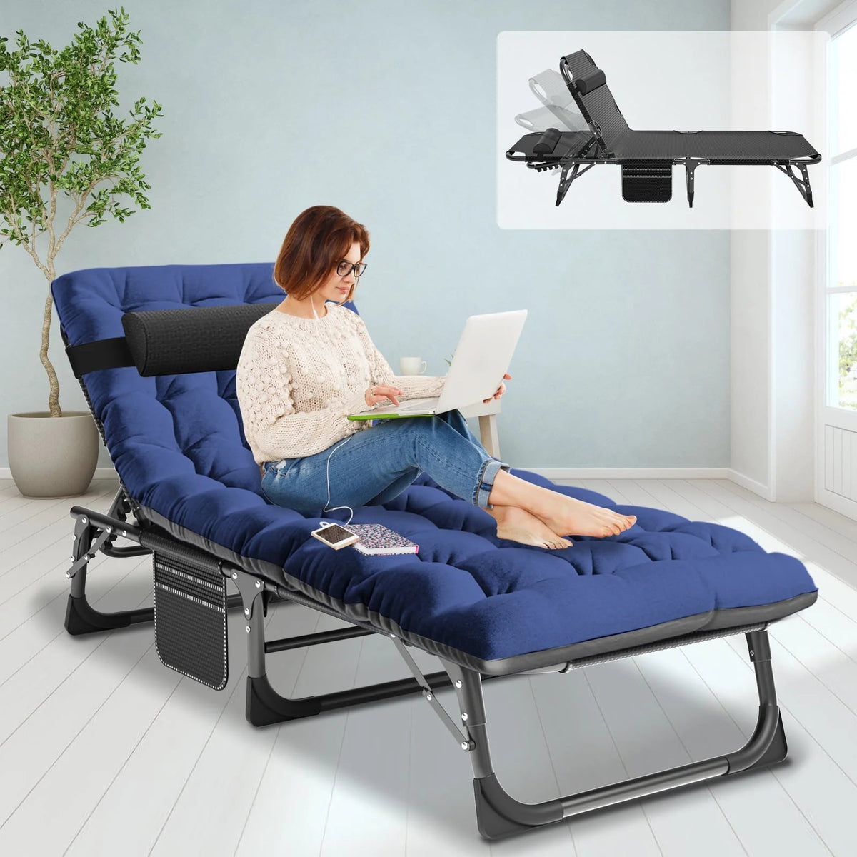 Slsy 4-Fold Folding Camping Cot with 2 Sided Mattress & Pillow, Adjustable 5-Position Folding Lounge Chair, Folding Sleeping Cots