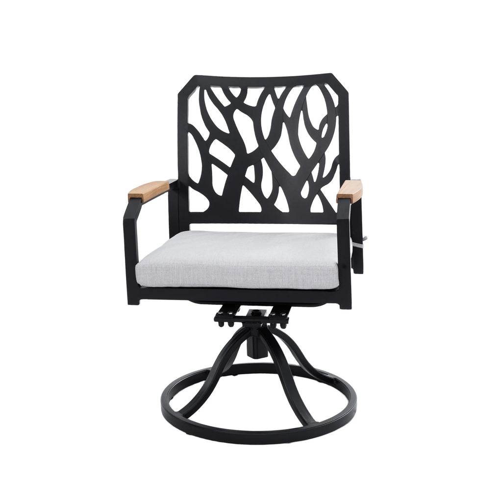 Outdoor Patio K/D Aluminum Stationary Dining Chairs 2PCS with Outdoor-grade Sunbrella Fabric Cushions, Branch-Like Backrest ,FSC-Certified Wood Armrests, Bourbon Brown