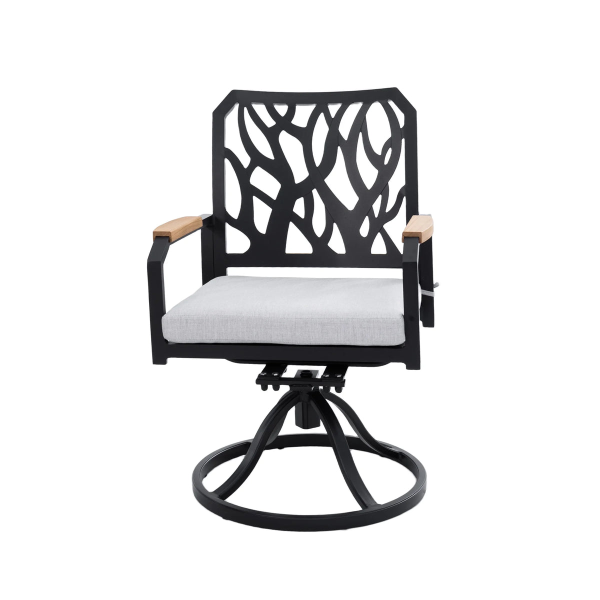 Outdoor Patio K/D Aluminum Stationary Dining Chairs 2PCS with Outdoor-grade Sunbrella Fabric Cushions, Branch-Like Backrest ,FSC-Certified Wood Armrests, Bourbon Brown