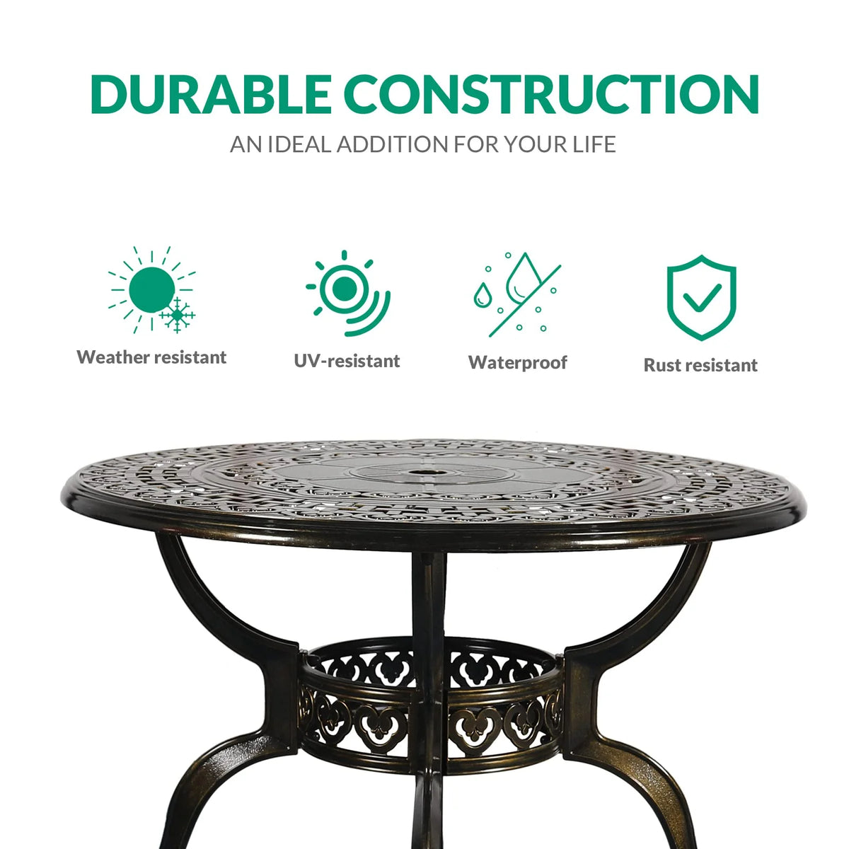 VIVIJASON 38.3" Patio Bistro Table Outdoor Dining Round Table Bronze Cast Aluminum Table with Umbrella Hole