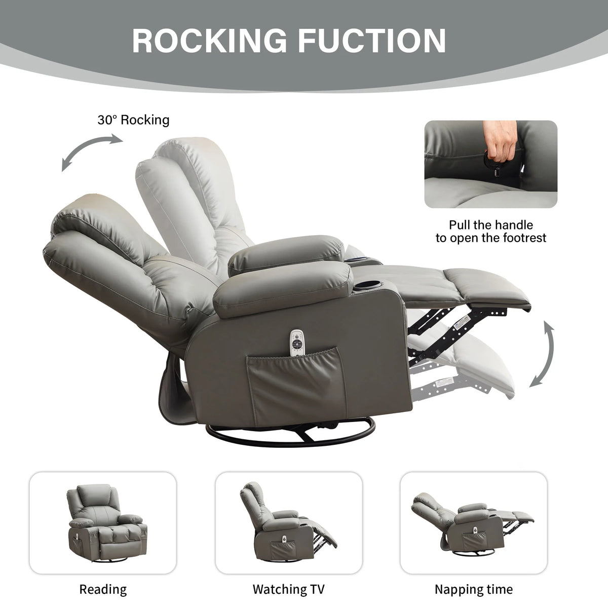 JONPONY Manual Recliner Chair with Heat Therapy and Massage Function, Heavy Duty Reclining Mechanism Massage Chair, Elderly Single Rocker Sofa with Cup Holders for Bedroom Home Theater,Black