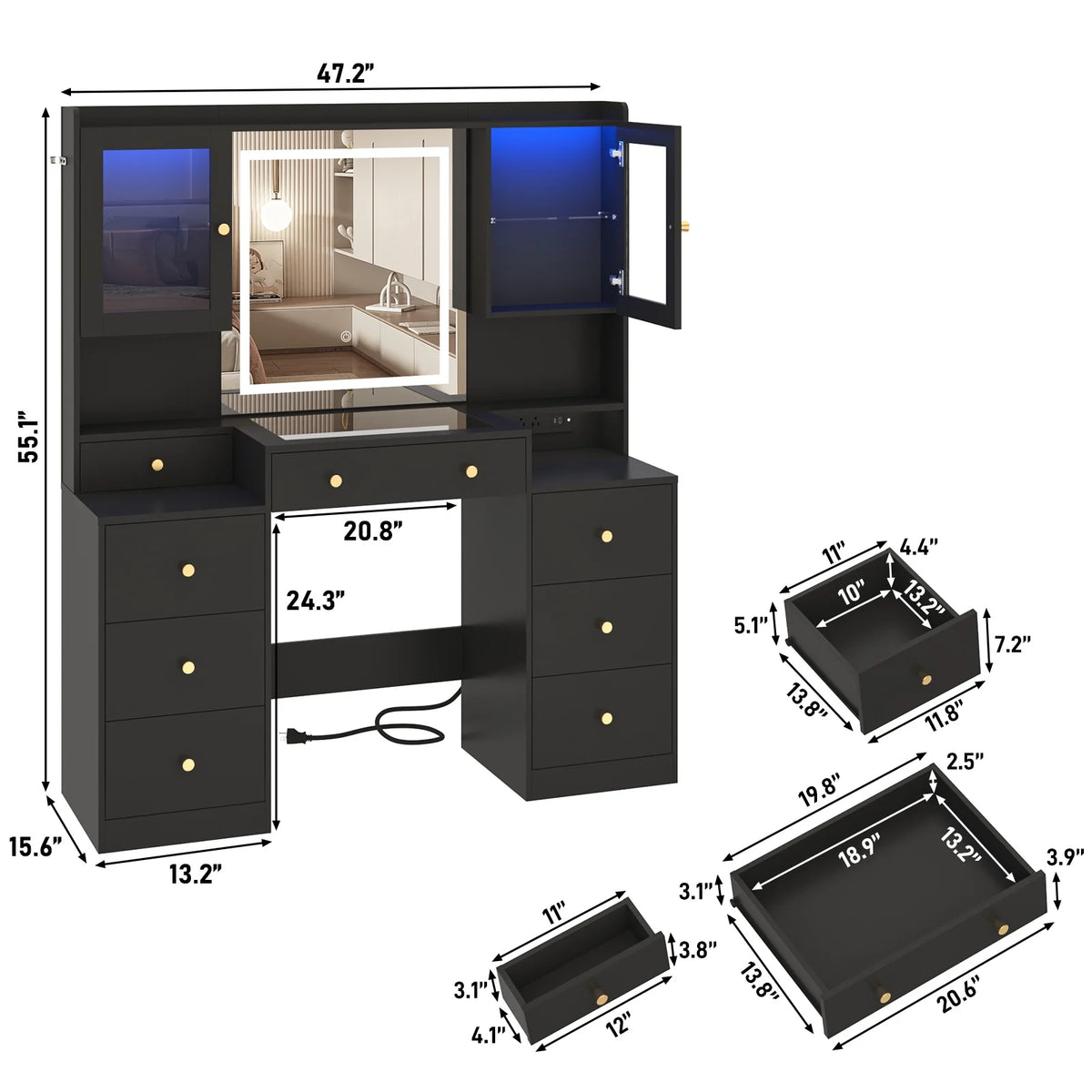 ChVans 62'' Large Vanity Desk with Tempered Glass Top, 60000-color LED Lights, Charging Station, White Makeup Vanity with 3 Lights Mode LED Mirror, 9 Drawers, 2 RGB cabinets for Women, Girls Gift