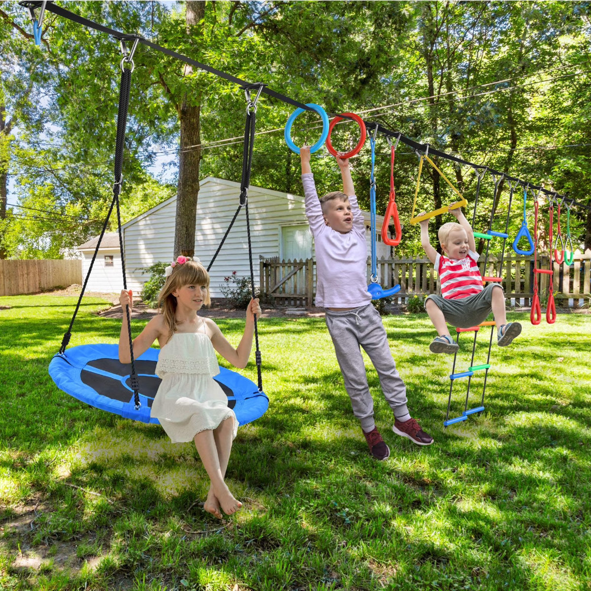 KloKick 65ft Ninja Warrior Obstacle Course for Kids �C Outdoor Backyard Set with Swing, Ninja Rope, 11 Obstacles, Slackline, Jungle Gym for Tree Installation