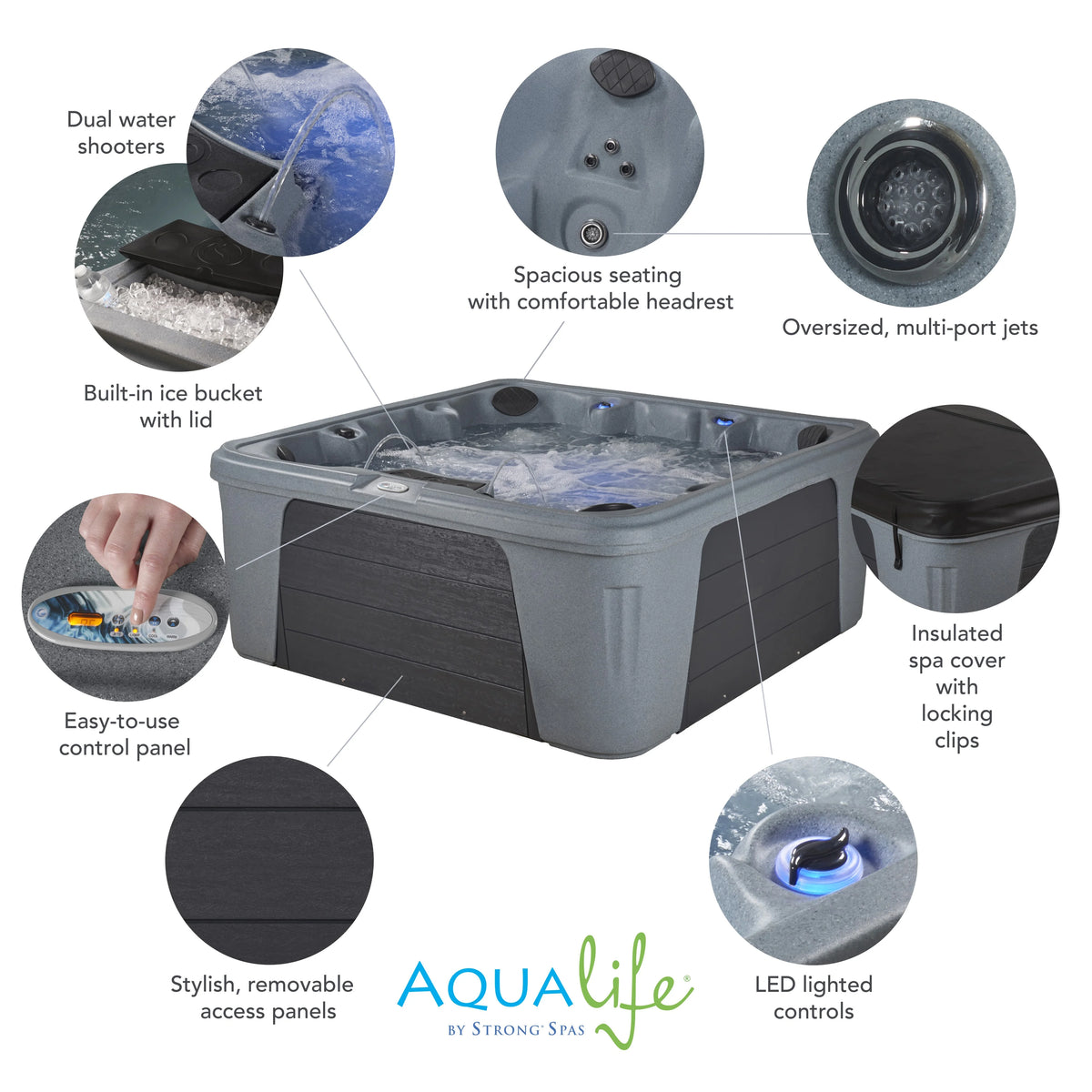 Aqualife by Strong Spas Palm Beach 6 Person 69-Port Non-Lounger Spa, 30 Jets, Cobblestone