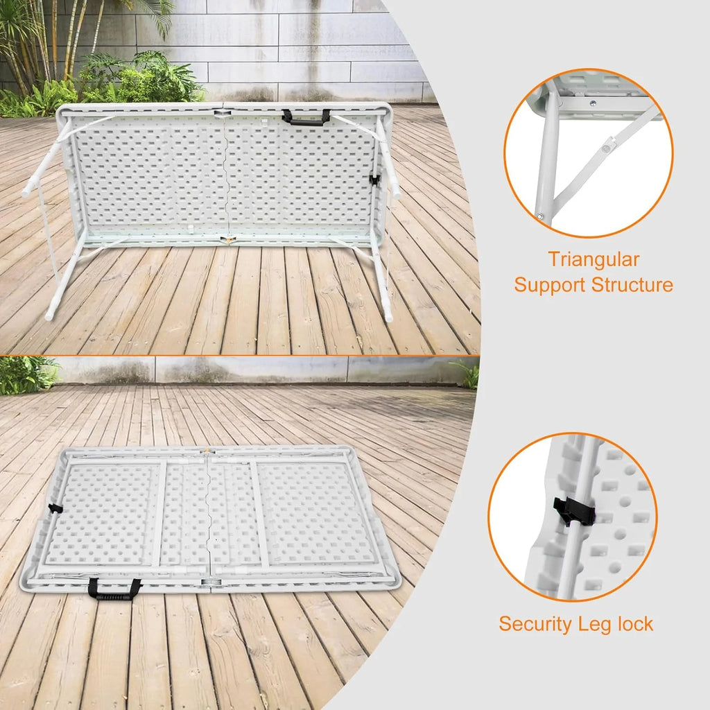 Folding Table with Carry Handle, Portable Fold-in-Half Plastic Table, Rectangle Foldable Table for Indoor