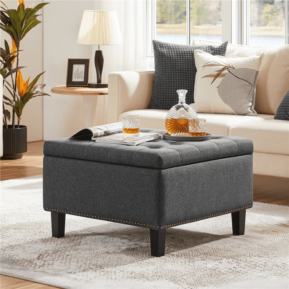SmileMart Modern linen-like Storage Ottoman Bench with Button-Tufted for Entryway, Dark Gray