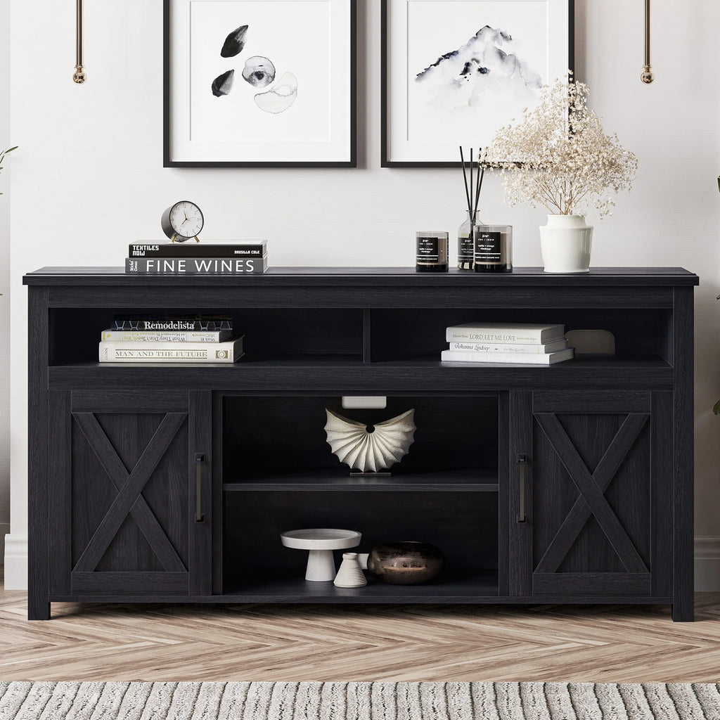 BELLEZE 58 Inch TV Stand, Contemporary Entertainment Center for TVs up to 65", Wood Media Console Table with Two Open Shelves and Barn Door Cabinets - Corin (White)
