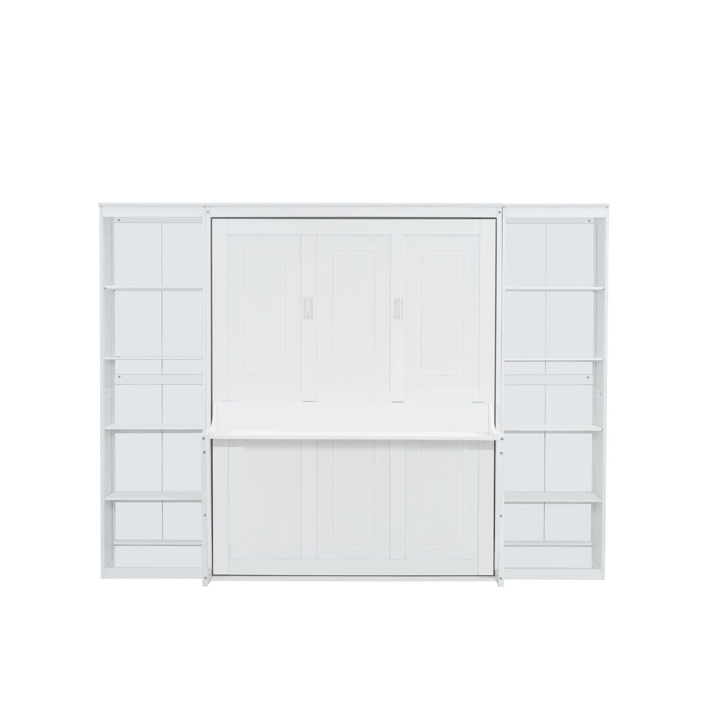 Queen Size Murphy Bed with Desk and Bookshelf(White)