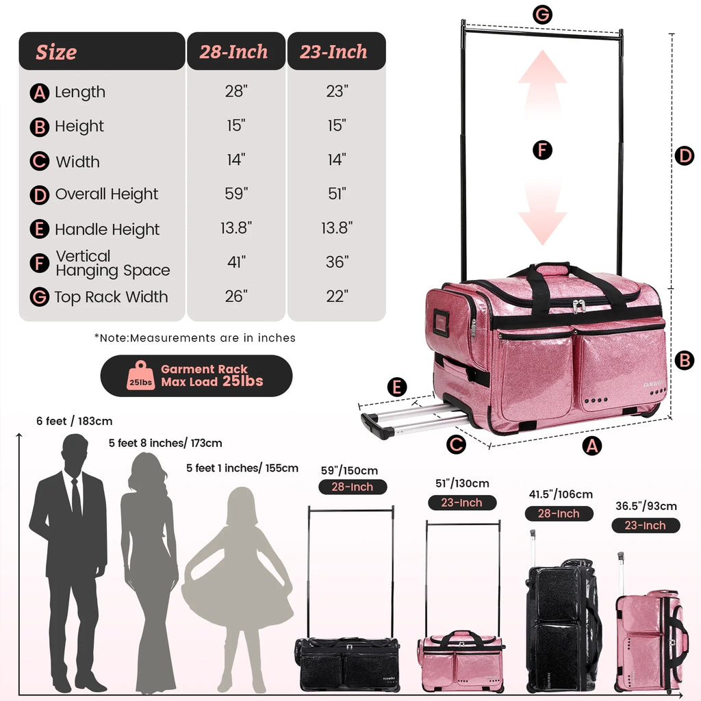 Dance Bag with Garment Rack,23"Glitter Rolling Dance Competition Bag with Organizer Bag, Collapsible Dance Travel Bag Suitcase for Dancers Performer Artist,Pink