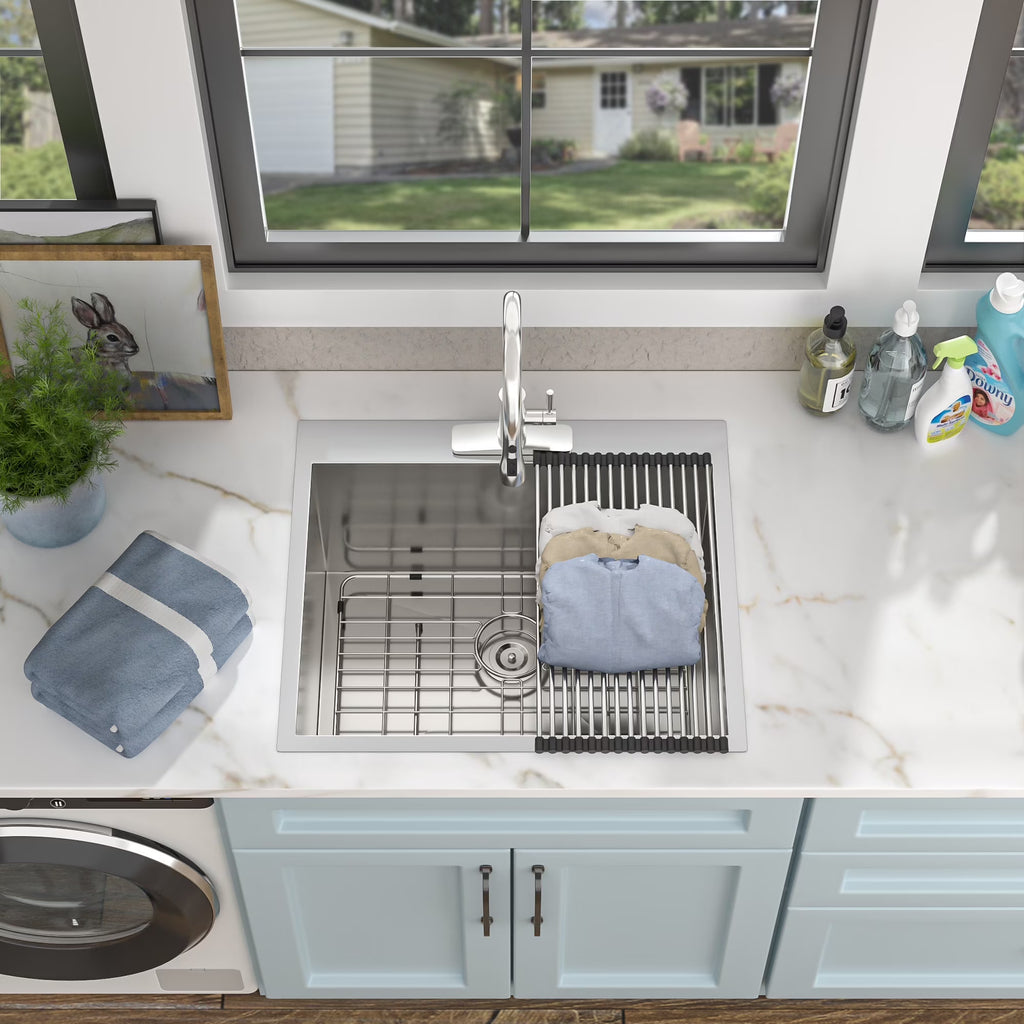 22 Laundry Sink Drop In - Fulorni 22"x22" Laundry Utility Sink Drop In Topmount 16 Gauge Stainless Steel 12 Inch Deep Single Bowl Above Counter Square Utility Laundry Room Sink Basin