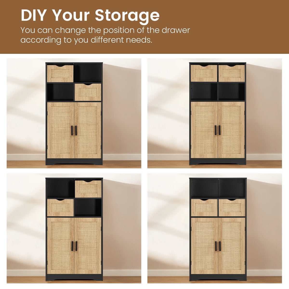 FANGSUM Rattan Storage Cabinet with 2 Drawers & 2 Shelves, Floor Cabinet for Living Room