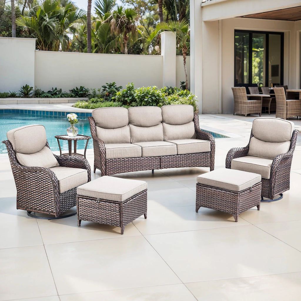 Bellefurn Luxury Outdoor Patio Furniture Set,Swivel Rocker Patio Chairs with 6-inch Thick Cushion,Patio Sofa and Glass Coffee Table,Outdoor Conversation Set for Porch, Deck, Yard
