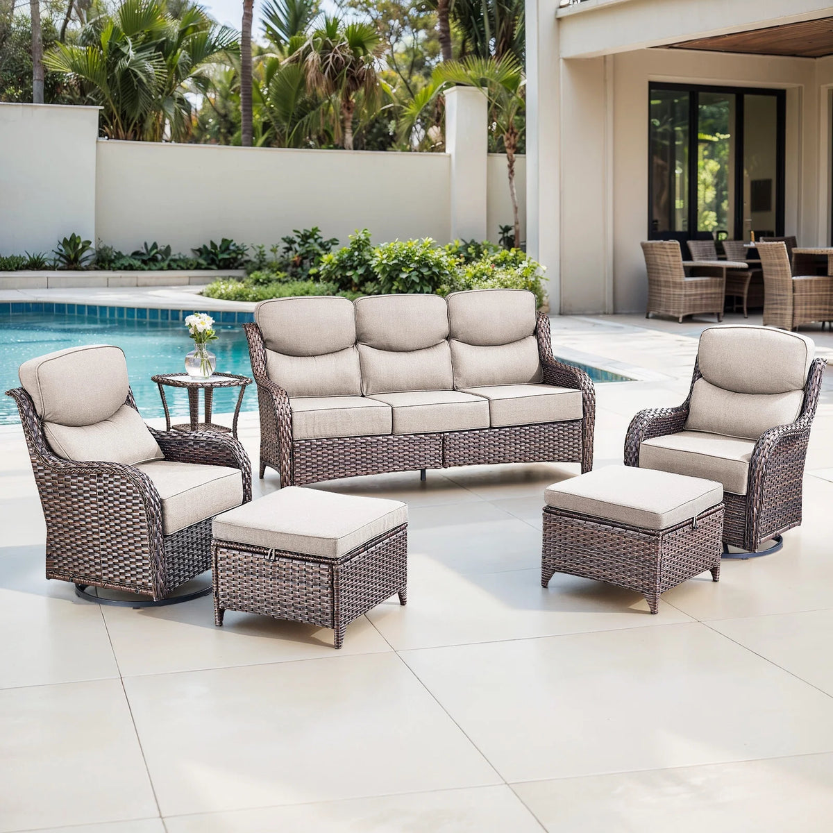 Bellefurn Luxury Outdoor Patio Furniture Set,Swivel Rocker Patio Chairs with 6-inch Thick Cushion,Patio Sofa and Glass Coffee Table,Outdoor Conversation Set for Porch, Deck, Yard