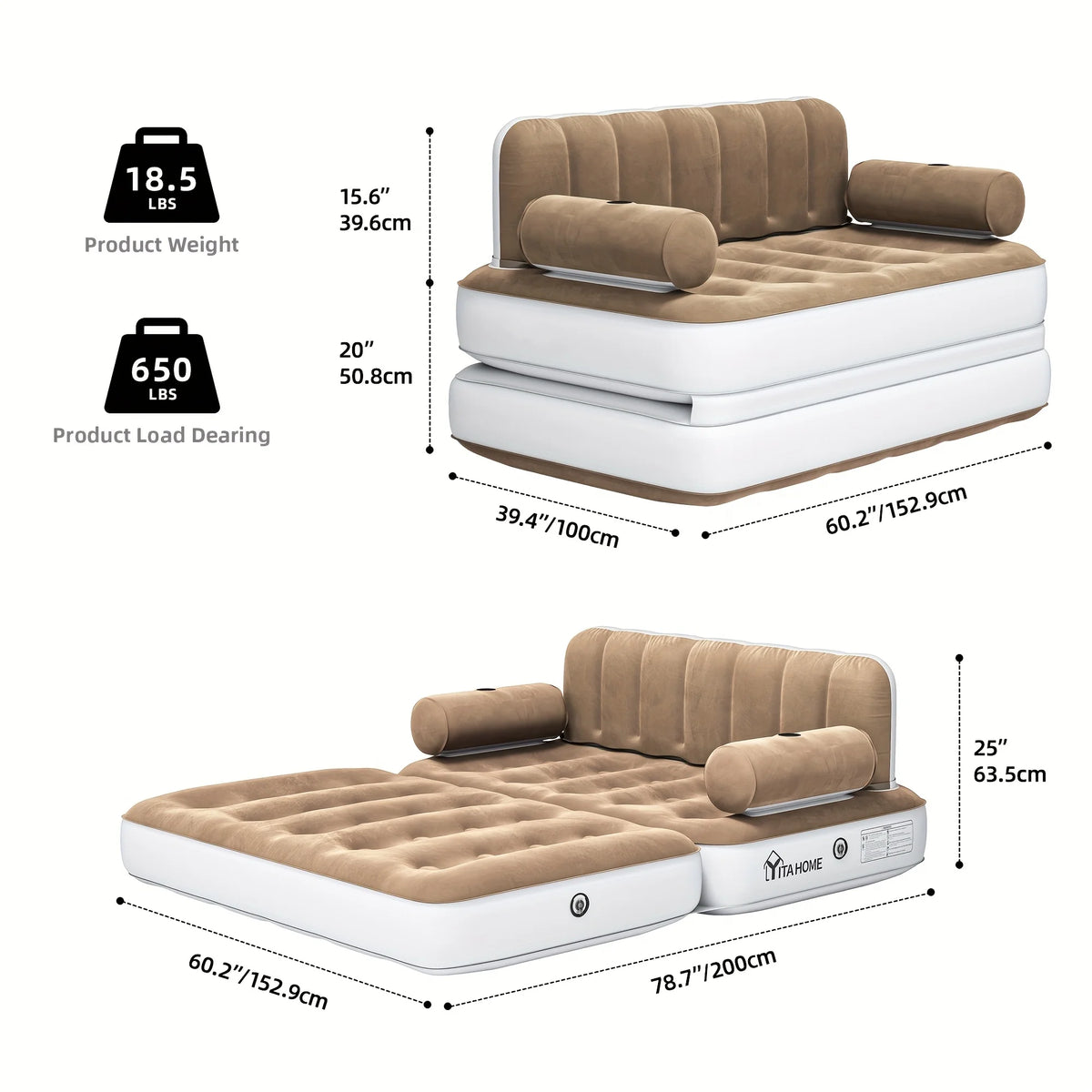 Inflatable Air Sofa Bed 2-in-1 Backrest Couch Airbed With Headboard And Pump Convertible Blow Up Bed Mattress For Home, Camping, And Guests, Living Room Furniture, Queen Size