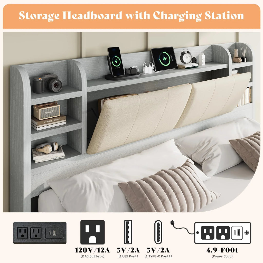 PLAUIN King Size Bed Frame with Storage Drawers, 47.2" Headboard and Wooden Platform, Grey