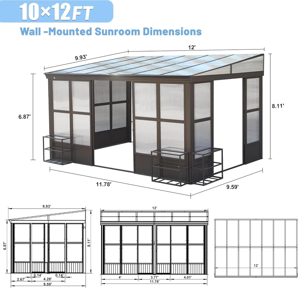TOTAL Outdoor 10'x12' All-Season Sunroom Gazebo with Steel Roof, PVC Screen, Front & Side Door, Brown