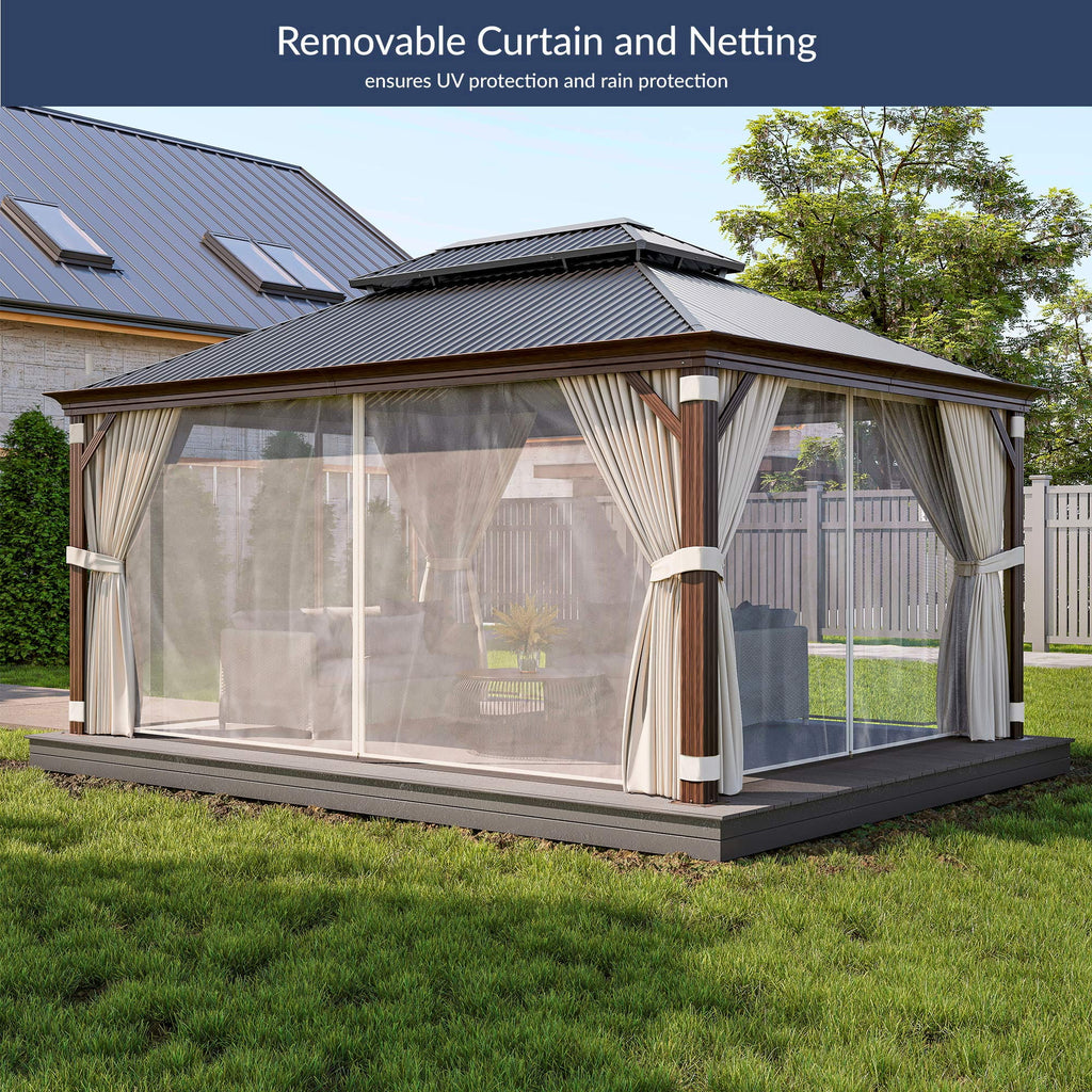 BELLEZE 12 x 16ft Hardtop Gazebo, Widen Pole Outdoor Canopy, Aluminium Frame Galvanized Steel Double Roof Waterproof Gazebo Tent with Nettings and Curtains for Patio, Backyard, Deck, Lawns, Garden