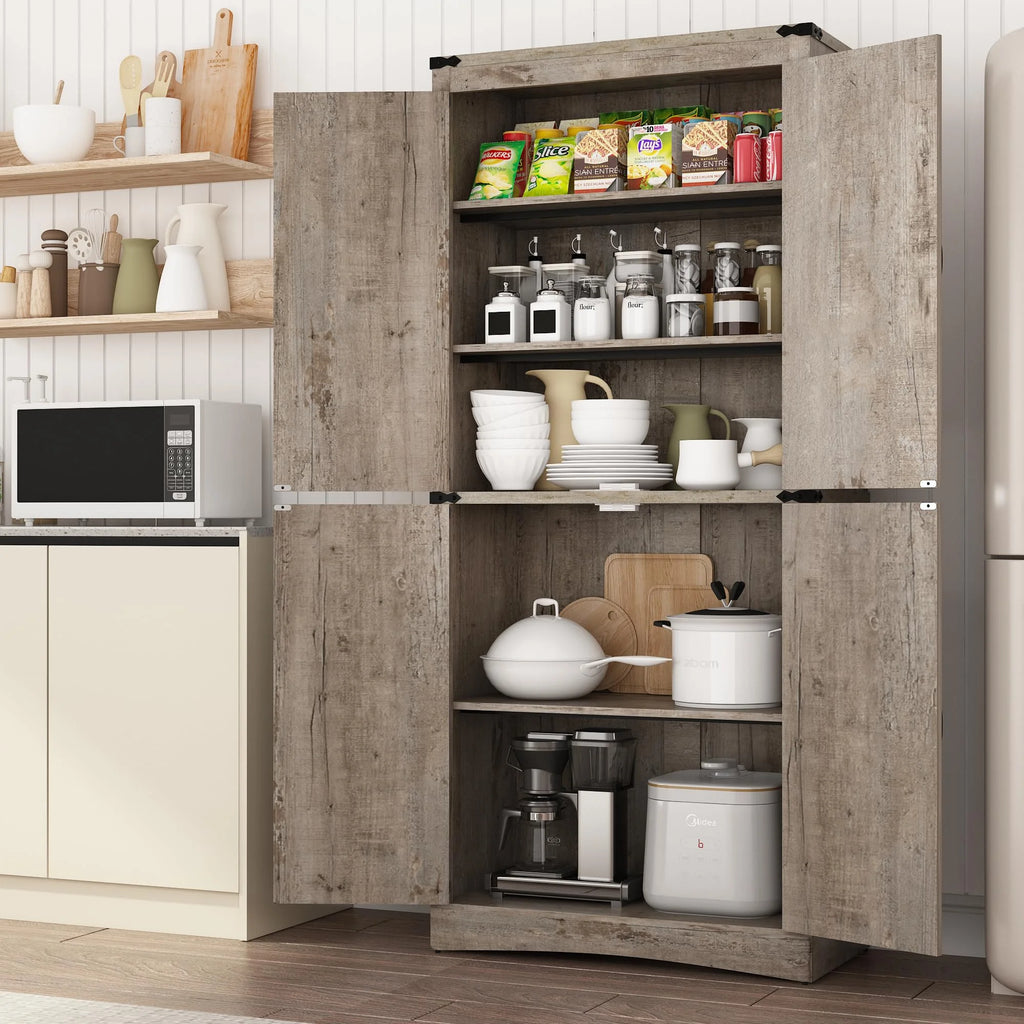 71" Tall Farmhouse Kitchen Pantry Cabinet, 5 Layers Storage Cabinet with Adjustable Shelves, Farmhouse Pantry Cabinet with 4 Barn Doors for Kitchen, Dining Room, Bathroom, Living Room, Rustic White