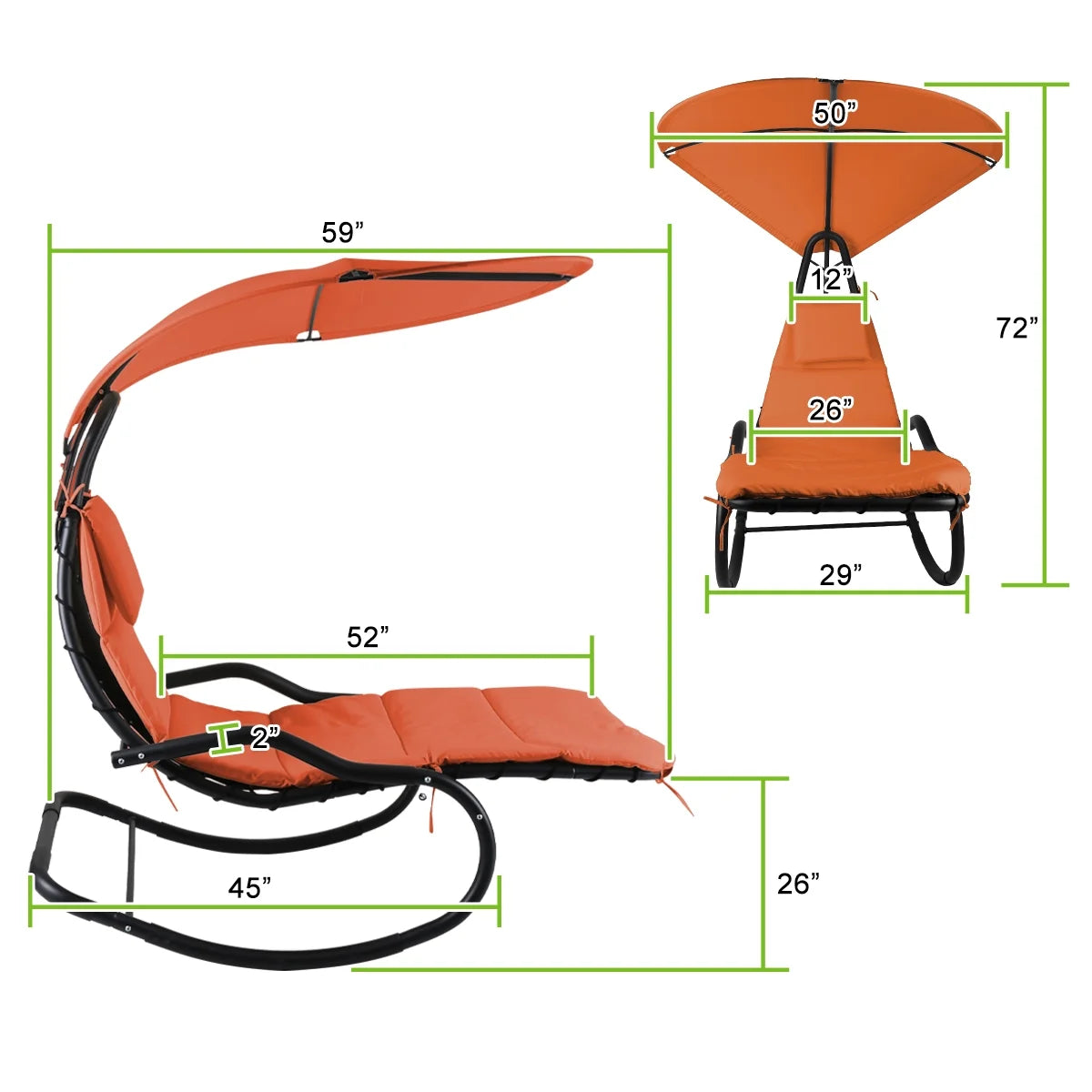 2X Rocking Hanging Lounge Chair - Curved Chaise Rocking Lounge Chair Swing For Backyard Patio w/ Built-in Pillow Removable Canopy with stand {Green}