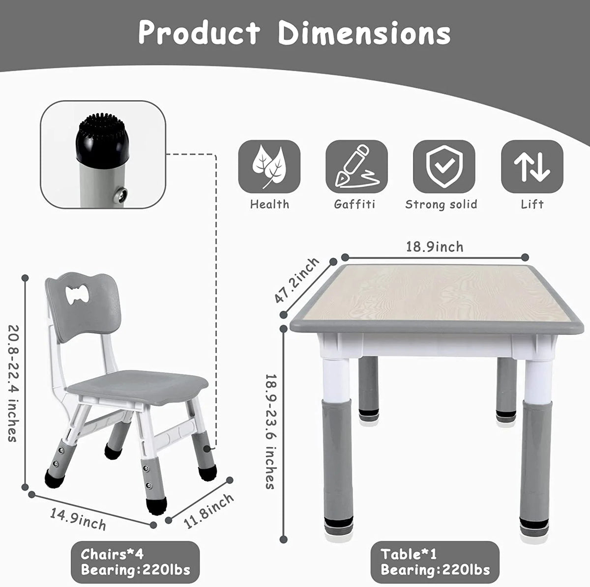 Arlopu Toddler Table and Chair Set Height Adjustable, Kids Activity Table for Reading, Drawing, Eating, Studying, Max 220lbs