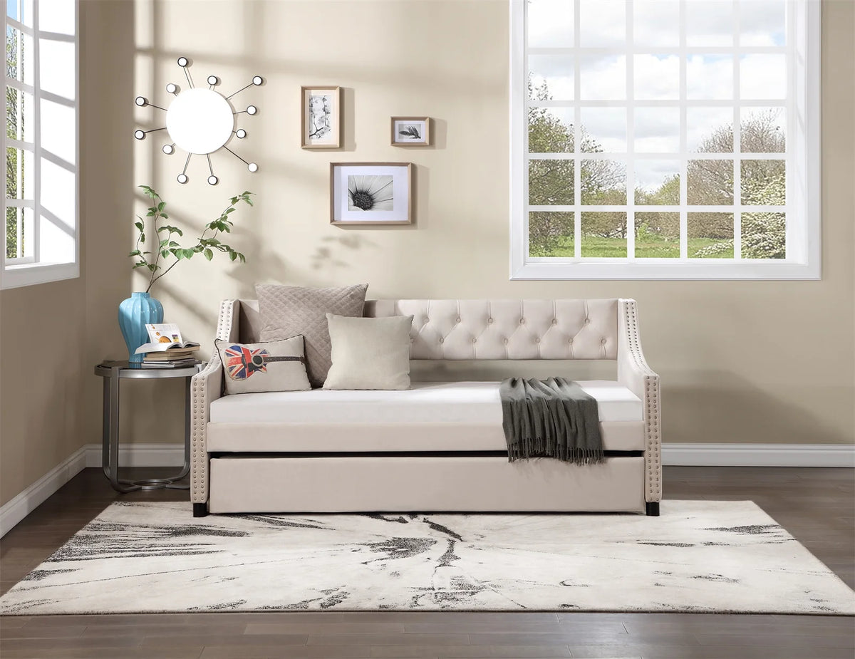 Daybed with Trundle, Twin Size Velvet Upholstered Daybed Frame with Tufted Button Back & Copper Nail on Arms, Wood Sofa Bed Frame for Living Room Bedroom, No Box Spring Needed, Grey