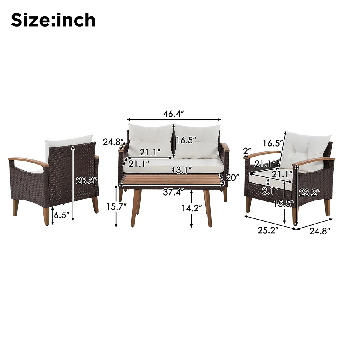 Topcobe Patio Seating Set with Cushions, 4-Piece Garden Furniture, Beige