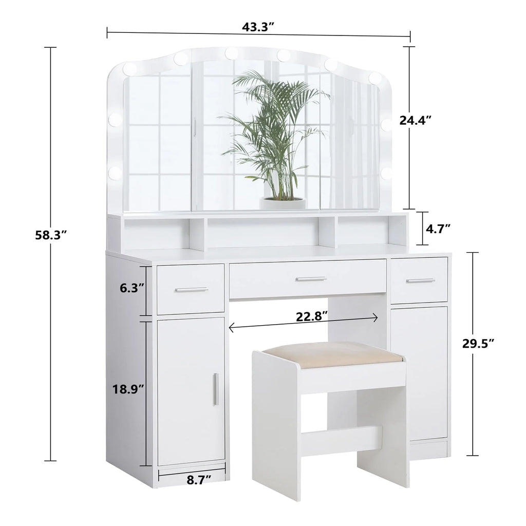 USIKEY Large Vanity Set with Large Lighted Mirror, Modern Makeup Vanity Table with 3 Drawers, 2 Storage Cabinets & 10 LED Bulbs and Cushioned Stool for Women, Bedroom, WhiteSZT32WD