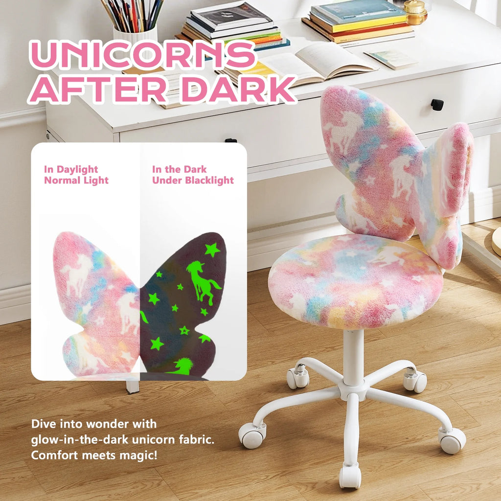 Adorable Butterfly Kids Desk Chair - Comfy Swivel Computer Chair for Girls Room, Fluffy Kids Office Chair for Reading & Vanity,Blue