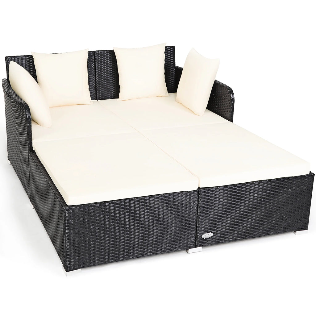 Costway Outdoor Patio Rattan Daybed Pillows Cushioned Sofa Furniture Beige
