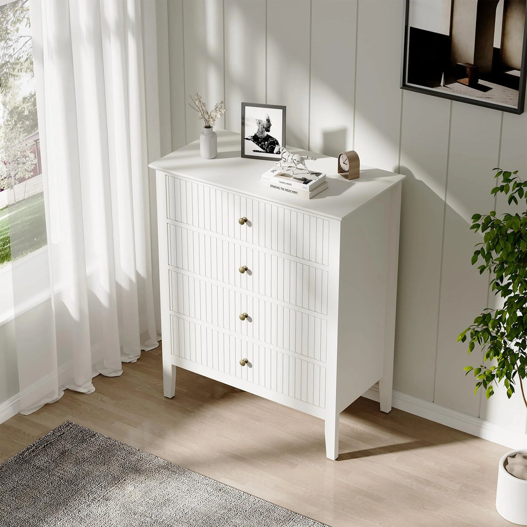 Heynemo Beige 6 Drawer Dresser, Fluted Modern Wood Chest