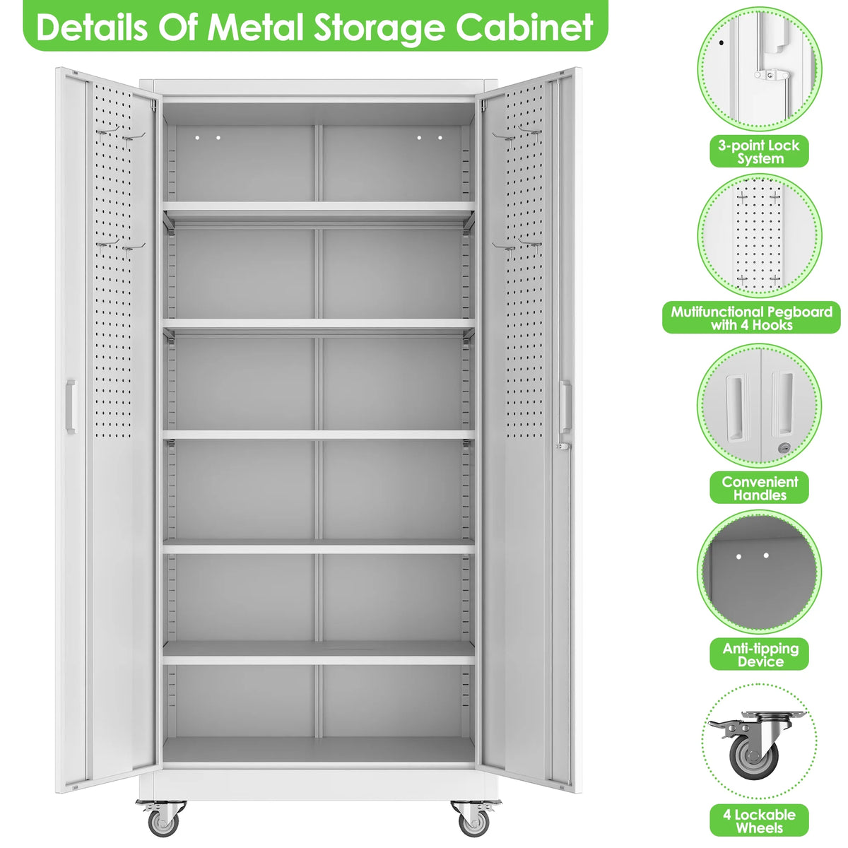 GANGMEI 72 Inches Tall Metal Garage Storage Cabinets with 5 Adjustable Shelves, Lockable Steel Black Storage Cabinet with Doors for Office, Home, School, Shops, Garage, Assembly required