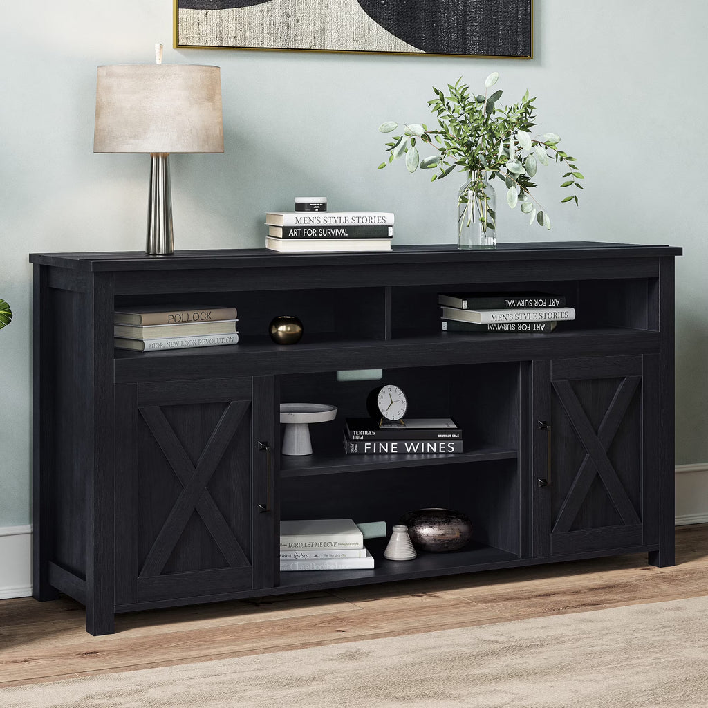 BELLEZE 58 Inch TV Stand, Contemporary Entertainment Center for TVs up to 65", Wood Media Console Table with Two Open Shelves and Barn Door Cabinets - Corin (White)