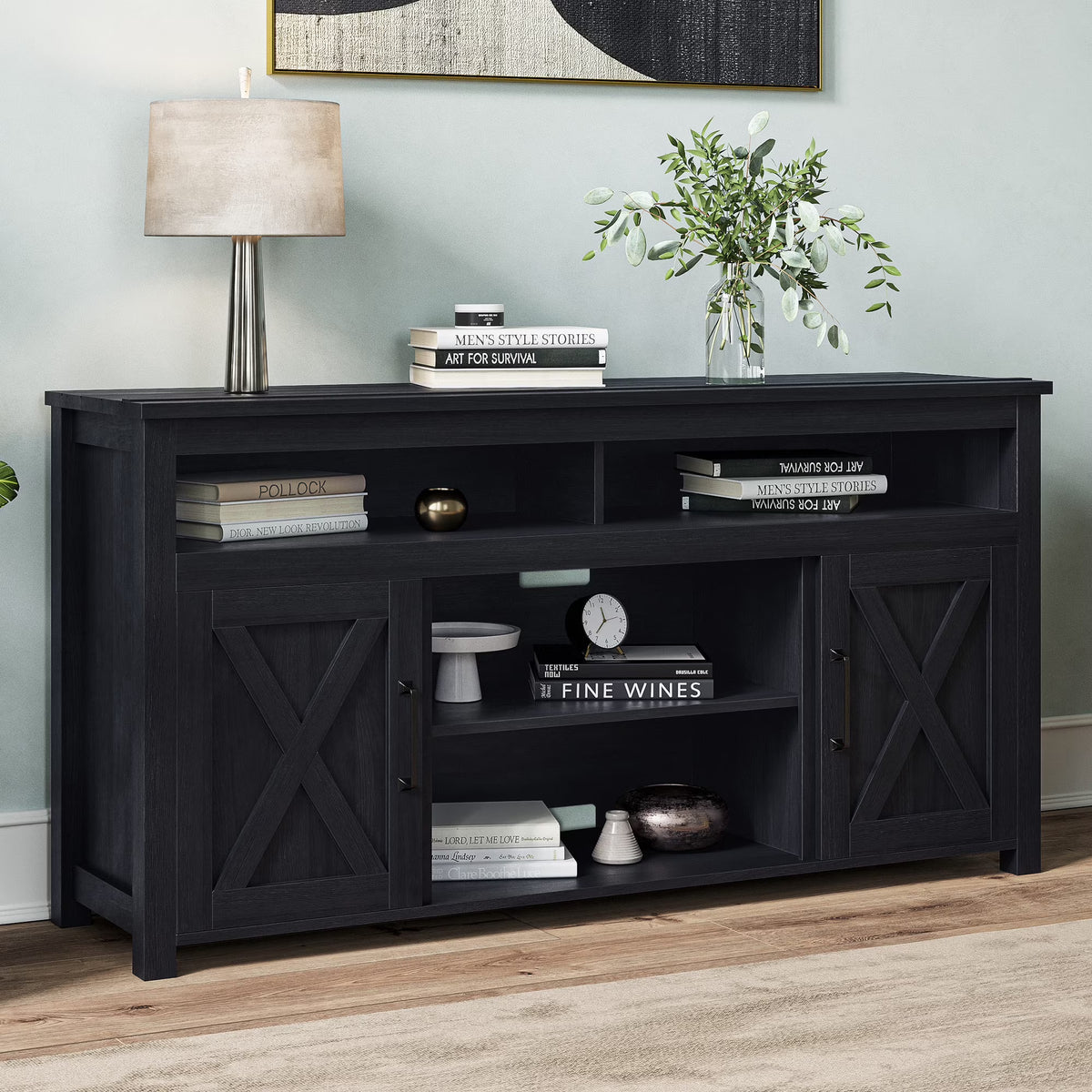 BELLEZE 58 Inch TV Stand, Contemporary Entertainment Center for TVs up to 65", Wood Media Console Table with Two Open Shelves and Barn Door Cabinets - Corin (White)