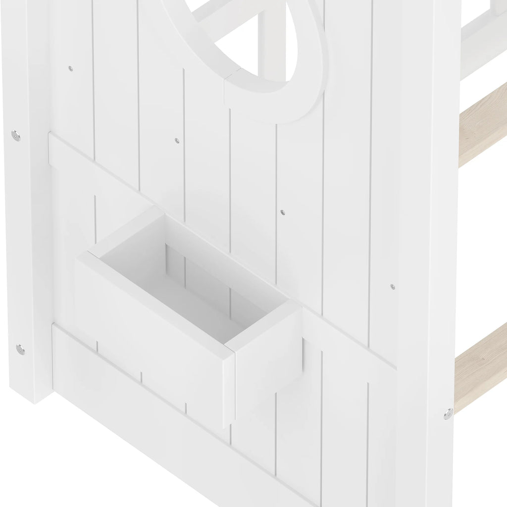 Miniyam Twin Size Montessori Floor House Bed with Roof Design and Storage Shelf for Kids, White
