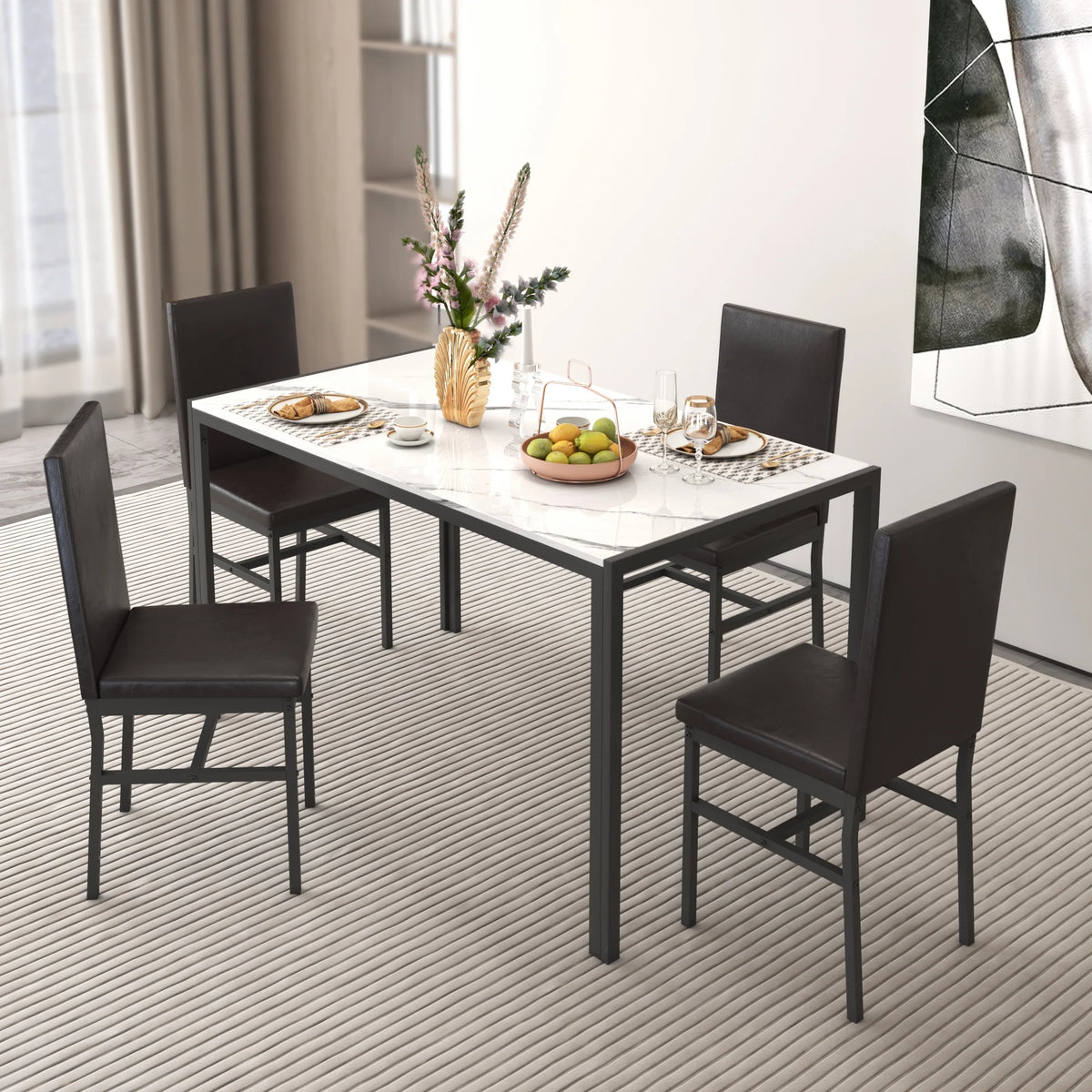 5 Piece Dining Set, Modern Dining Table and Chairs Set for 4, Counter Height Bar Table Set, Modern Pub Table with 4 Velvet Fabric Cushioned Stools, Faux Marble Dining Table & Stools Set, D9297