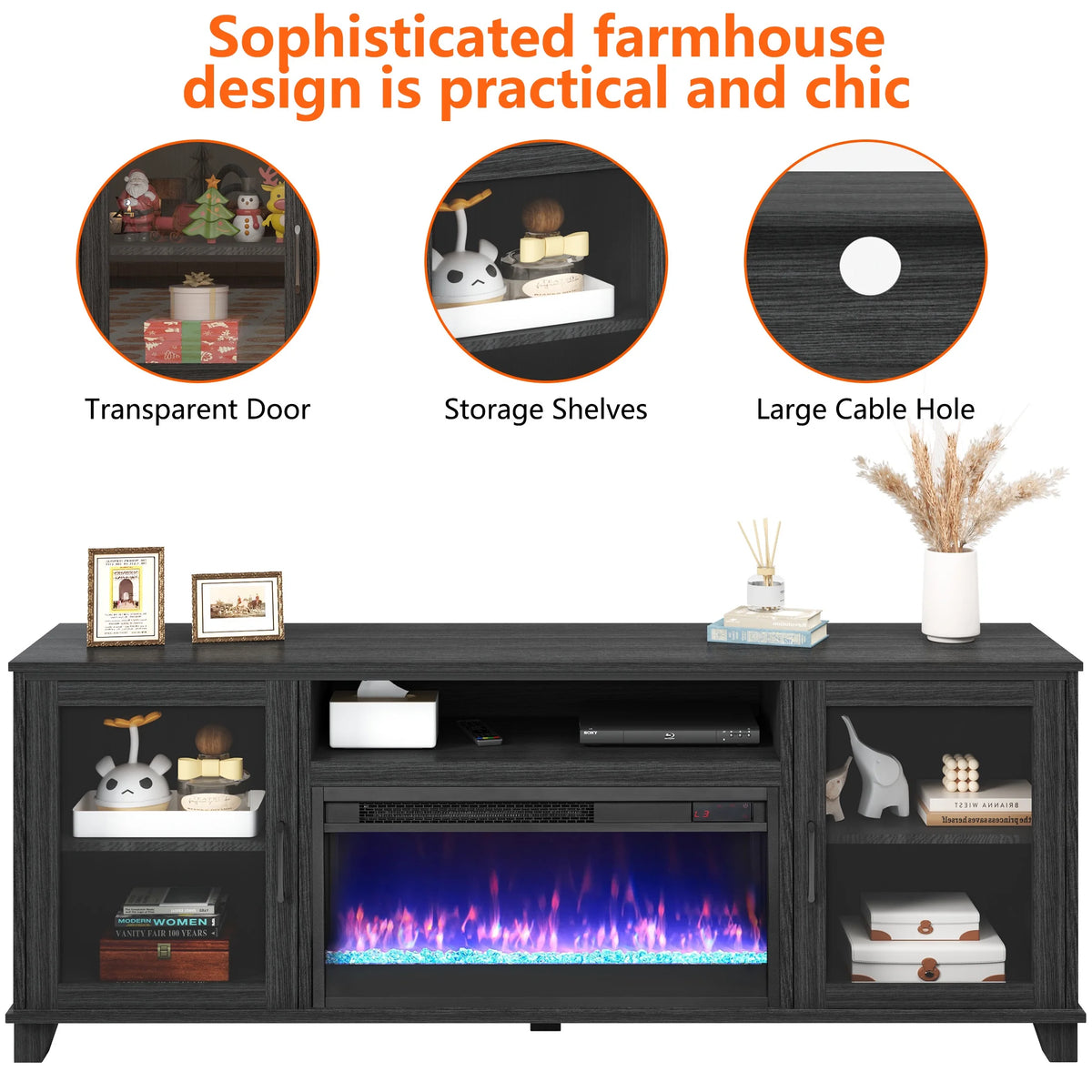 SESSLIFE Fireplace TV Stand for 65 Inch TV, TV Console with 23''Electric Fireplace, Console Entertainment Center Television Table for Living Room or Bedroom, Brown