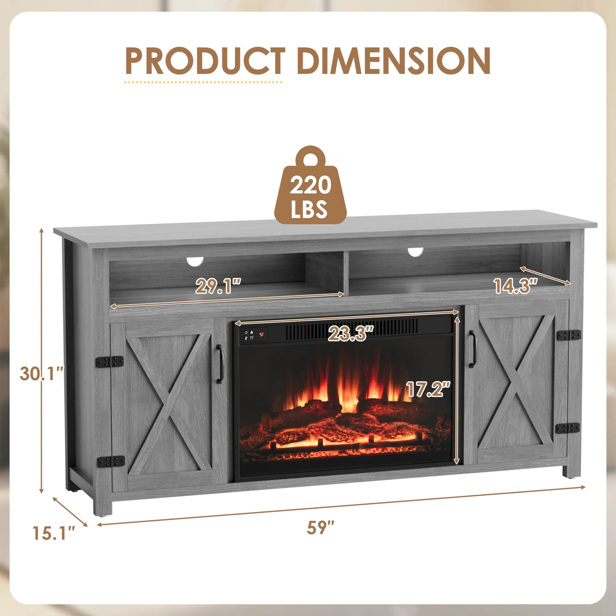 Homall Rustic 65" Television Stand with Electric Fireplace & 2 Shelves, Wood Oaken, 15.1'' W