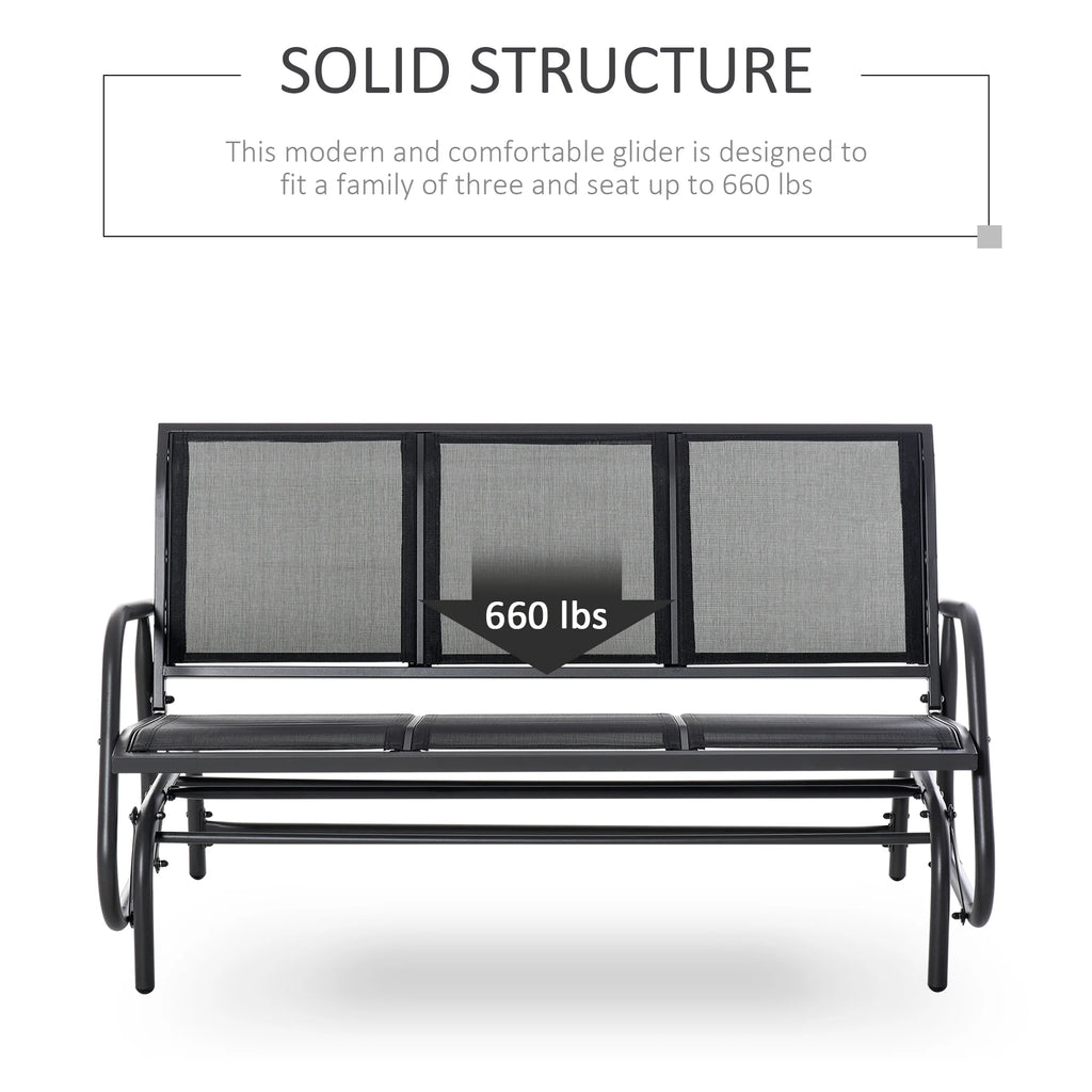 Outsunny Patio Glider Bench, Outdoor Porch Glider Swing with 3 Seats, Breathable Mesh Fabric, Metal Frame, Black