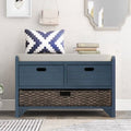 Solid Wood Storage Bench, Narrow Entryway Bench with 2 Drawers and Removable Basket, Classic Accent Shoe Bench with Storage and Removable Cushion for Hallway Living Room, Fully Assembled, Navy