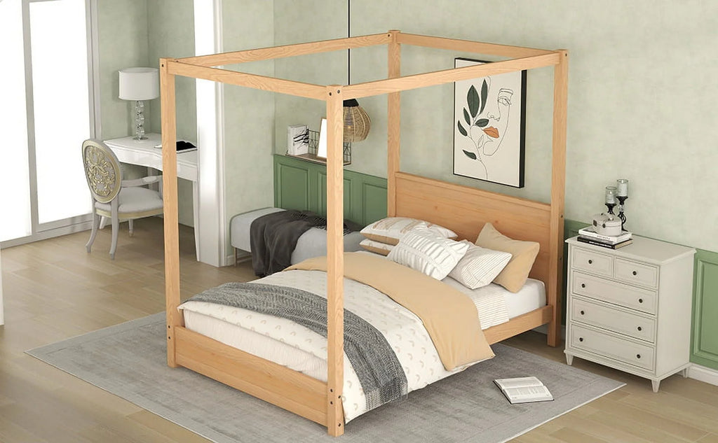 Modern Full Size Canopy Platform Bed with Headboard and Support Legs,Natural
