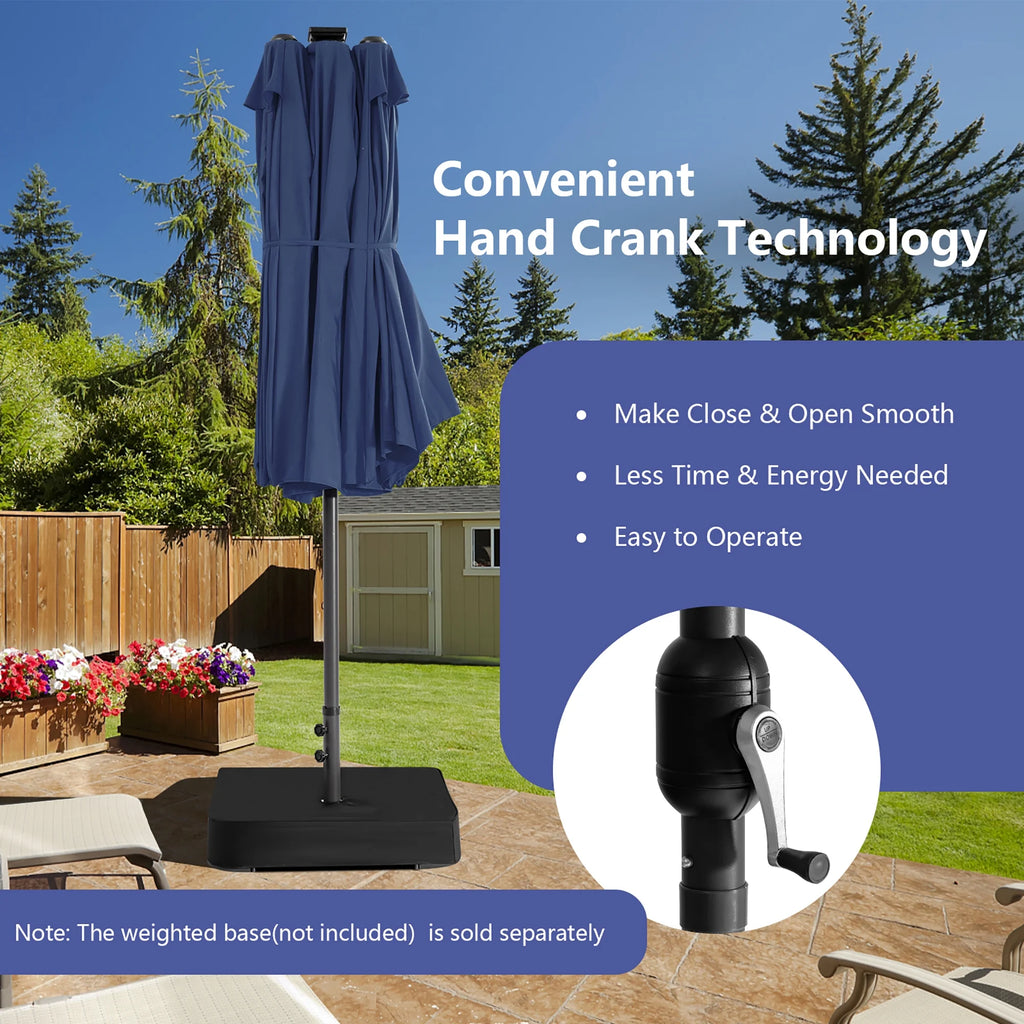 Costway 15FT Twin Patio Double-Sided Umbrella 48 Solar LED Lights Crank Outdoor Beige