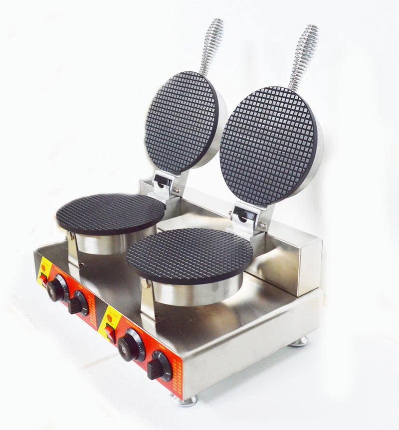 Electric Ice Cream Cone Maker Machine Double Station Baker for Round Cone Waffle Crispy Pancake Cooking